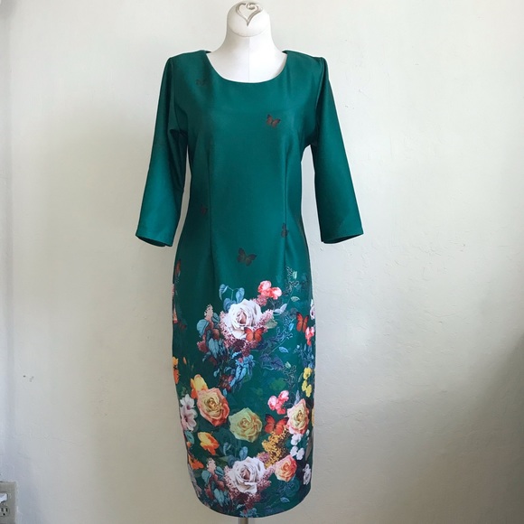 Zara Dresses & Skirts - Women’s Floral Print Forest Green 3/4 Sleeve Sheath Midi Dress S